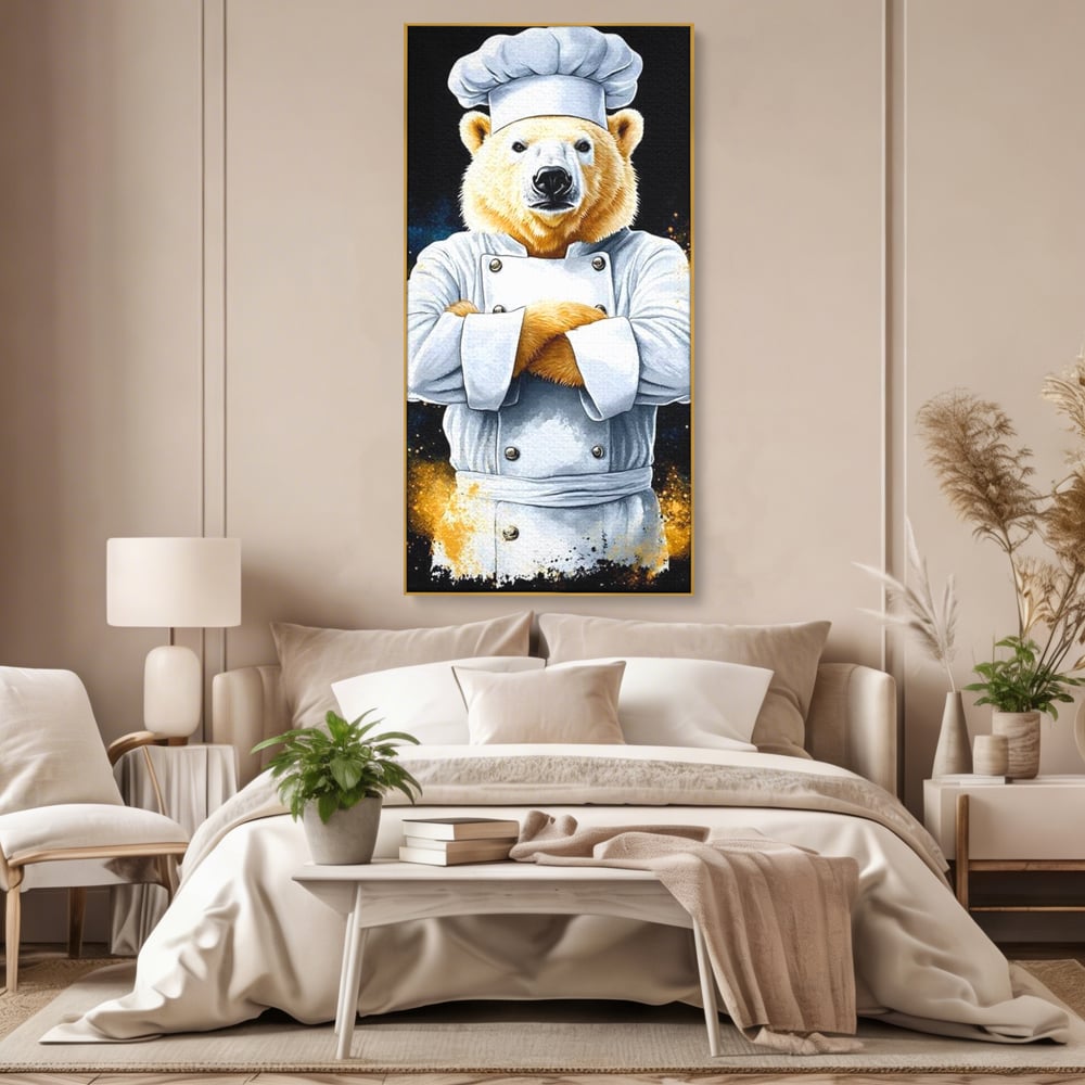Tablou canvas cu ilustratie urs polar bucatar, in rama de aluminiu auriu, pe perete intr-un dormitor